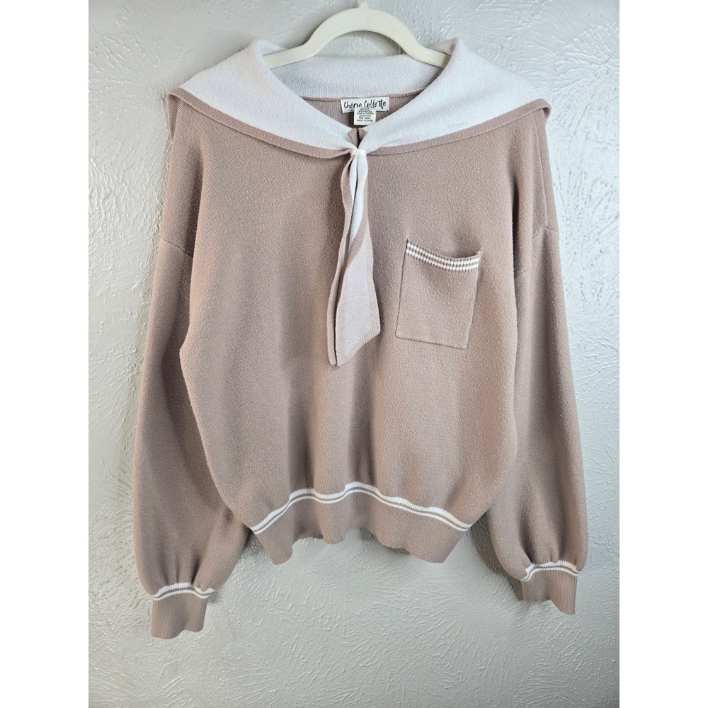 Sailor Collar Tie Front Sweater Large Tan Soft Knit Relaxed Lolia Sailorcore Top